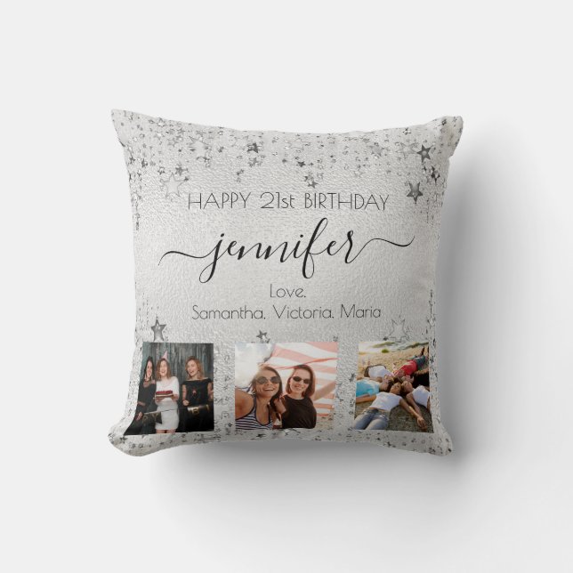 Birthday friend silver photo collage name script  throw pillow (Front)