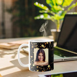 Birthday friends black gold photo names coffee mug<br><div class="desc">A gift from friends for a woman's 21st (or any age) birthday. Personalize and 2 of your own photos, her name, age 21 and your names. Golden text. A chic, classic black background color. Her name is written with a modern hand lettered style script with swashes. Decorated with faux gold...</div>