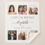 Birthday friends photo collage white black  sherpa blanket<br><div class="desc">A gift from friends for a woman's 21st birthday, celebrating her life with a collage of 6 of your high quality photos of her, her friends, family, interest or pets. Personalize and add her name, age 21 and your names. Black text. A chic, classic elegant white background color. Her name...</div>