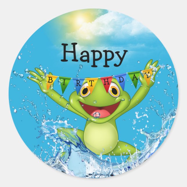 Birthday Frog Jumping Out of Water  Classic Round Sticker (Front)