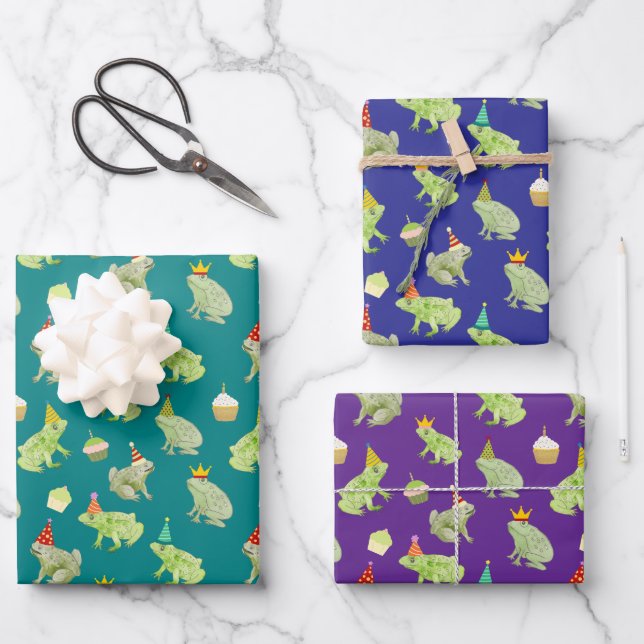 Birthday Frogs Funny Hand-Illustrated Cute Toads Wrapping Paper Sheets (Front)