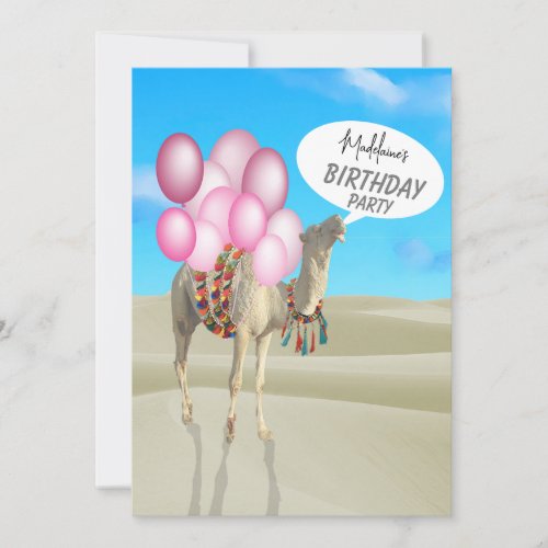 Birthday Fun Desert Camel Pink Balloons Invitation