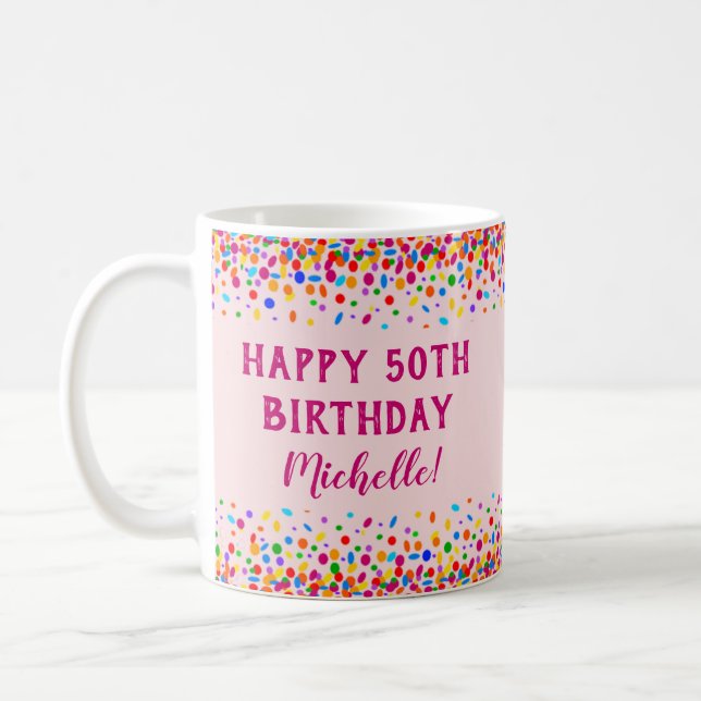 Birthday Fun Pink Colorful Confetti Coffee Mug (Left)