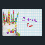 Birthday Fun Placemat<br><div class="desc">12” x 18” paper placemat with an image, on both sides, of a colorful birthday cake with fun, colorful candles on blue gingham. Optional sentiment. See matching cloth placemat, cloth napkin, paper cocktail napkin and coasters. See the entire Kids’ Birthday Placemat collection in the FOOD/BEV | Linens section.</div>