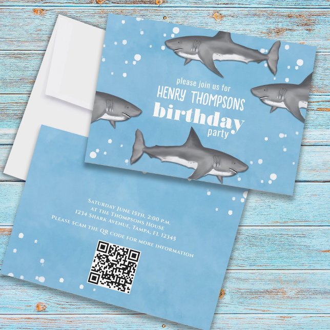 Birthday Fun Whimsical Ocean Sharks QR Codes Invitation (Creator Uploaded)