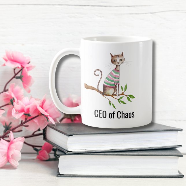 Birthday Funny Cat “CEO of Chaos” Cat Mom Custom Coffee Mug (Creator Uploaded)