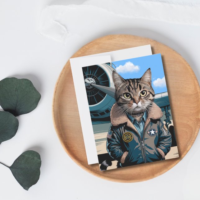 Birthday Funny Cat Pilot & Airplane Aviation Pet Postcard (Front )