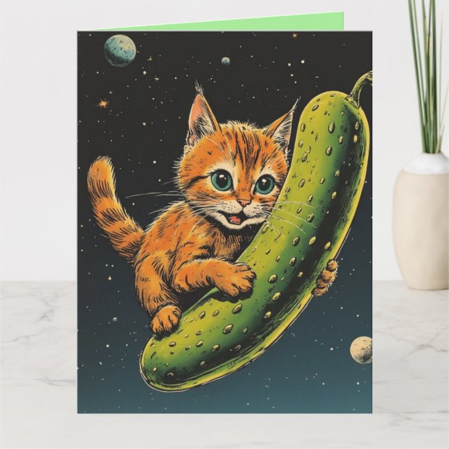 BIRTHDAY FUNNY CAT SPACE PICKLE GREETING CARD (Front)
