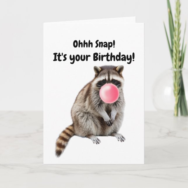 Birthday Funny Raccoon Blows Pink Bubble Card (Front)