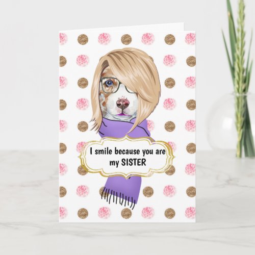 Birthday funny sister blond collie dog rose gold card