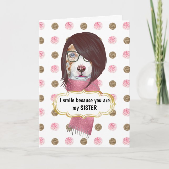 Birthday funny sister brown collie dog rose gold card (Front)