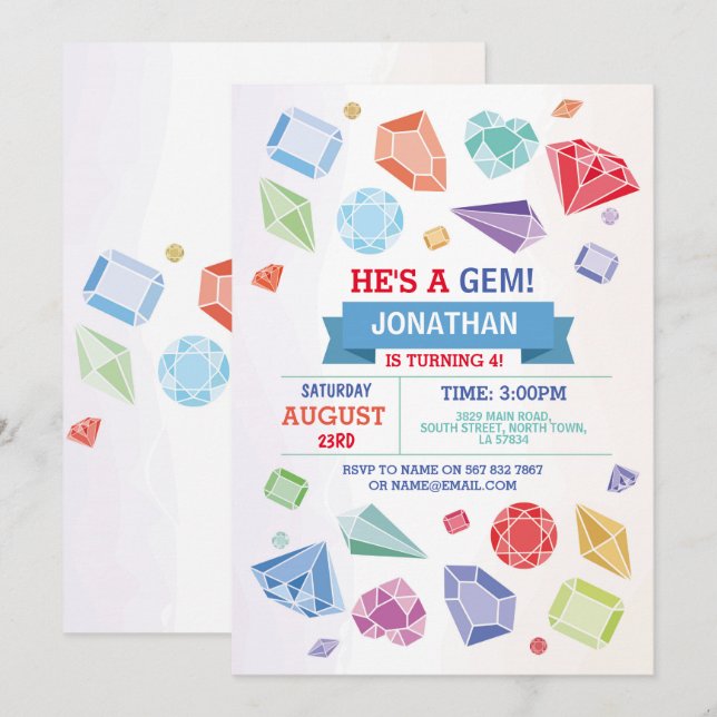 Birthday Gem Party Crystals Blue Red Geode Invitation (Front/Back)