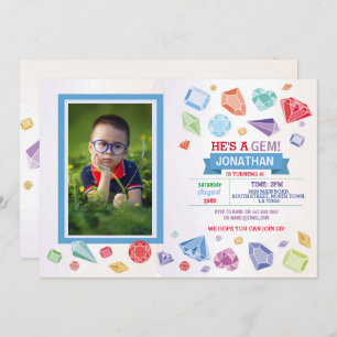Birthday Gem Party Crystals Boy's Red Blue Photo Invitation