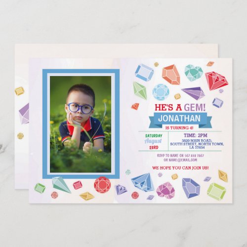 Birthday Gem Party Crystals Boys Red Blue Photo Invitation