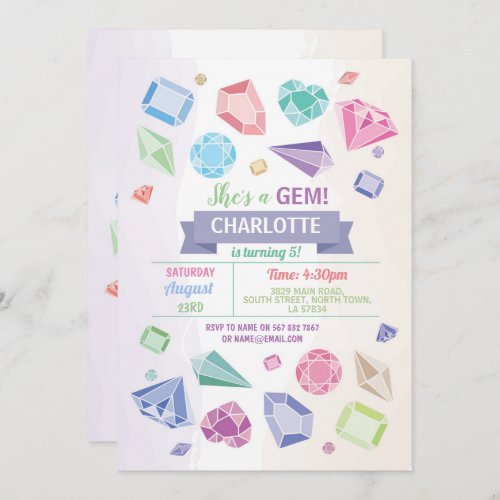 Birthday Gem Party Crystals Girls Pastel Invitation