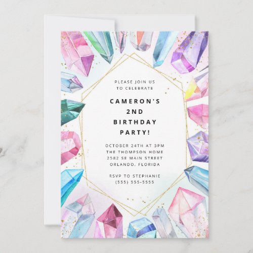 Birthday Gem Party Crystals Girl's watercolor Invi