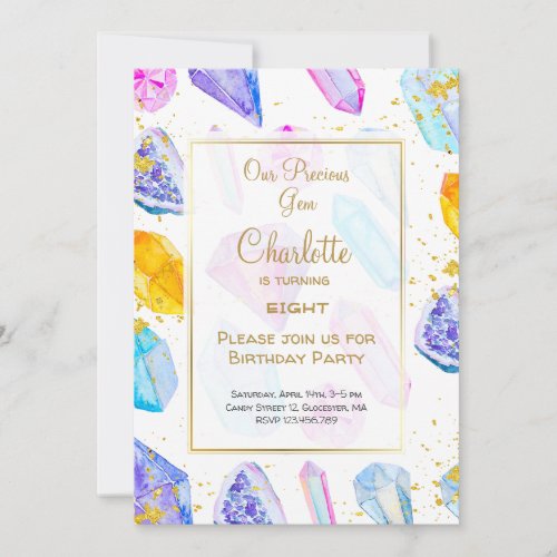 Birthday Gem Party Crystals Girls watercolor Invitation