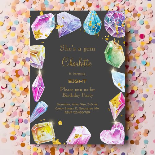Birthday Gem Party Crystals Girls watercolor Invitation