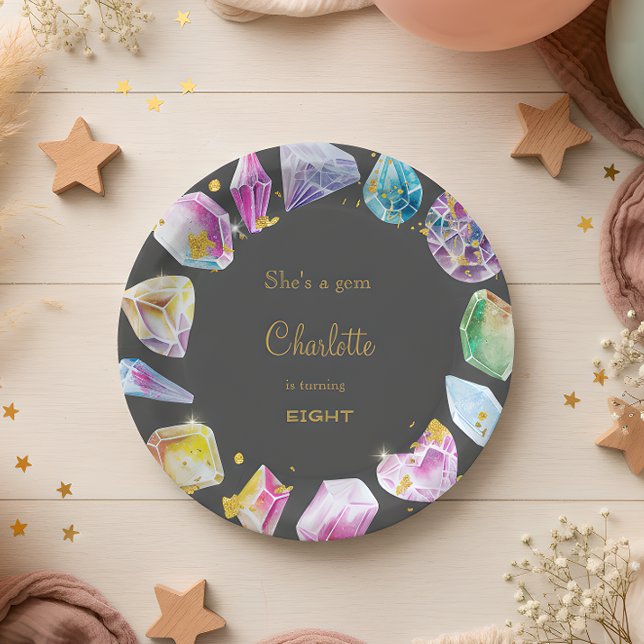 Birthday Gem Party Crystals Girl's watercolor Paper Plates (Creator Uploaded)