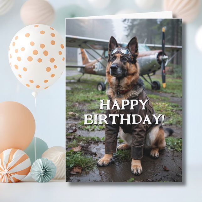 Birthday German Shepherd Dog Pilot Airplane Funny Card (Creator Uploaded)