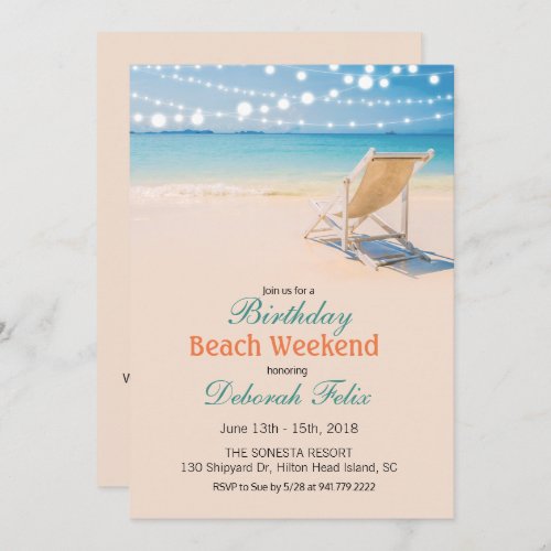 Birthday Getaway String Lights Beach Invitation