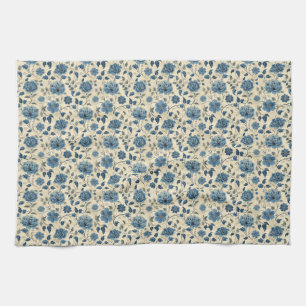 Birthday Gift Blue and Beige Floral Seamless Kitchen Towel