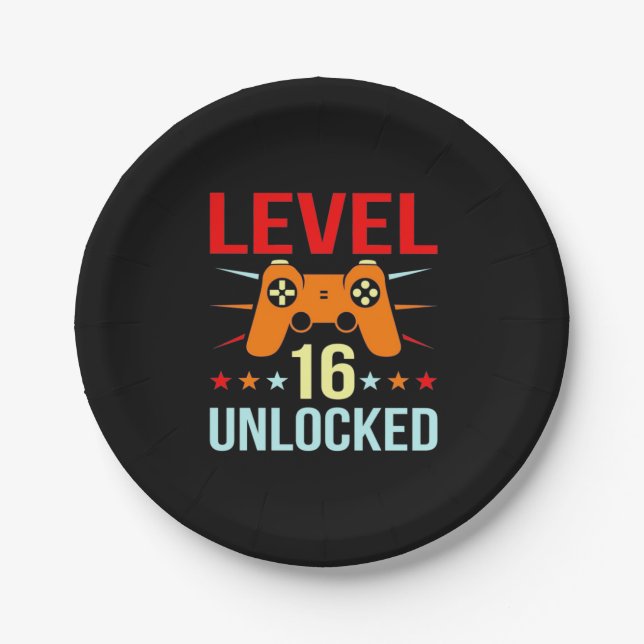 Birthday Gift | Level 16 Unlocked Gamer Paper Plates (Front)