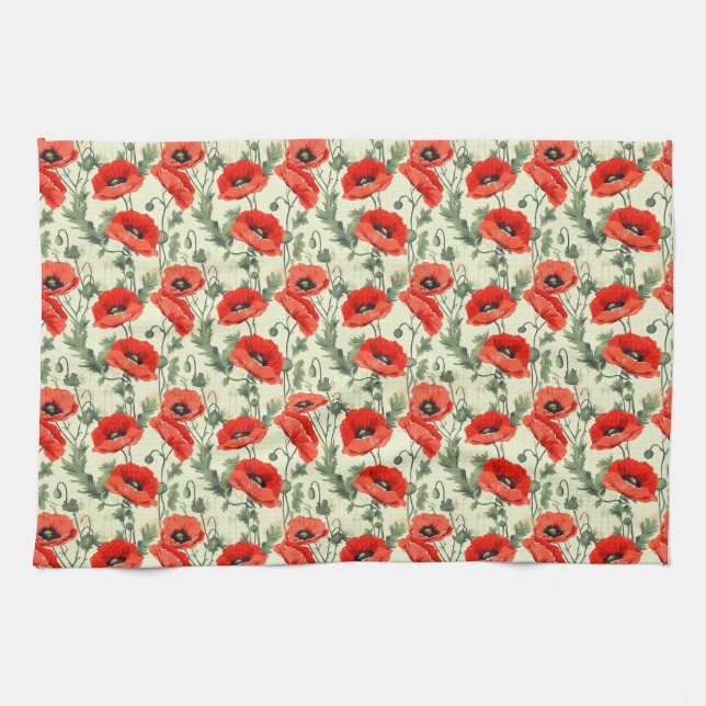 Birthday Gift | Seamless Red Poppy Kitchen Towel (Horizontal)