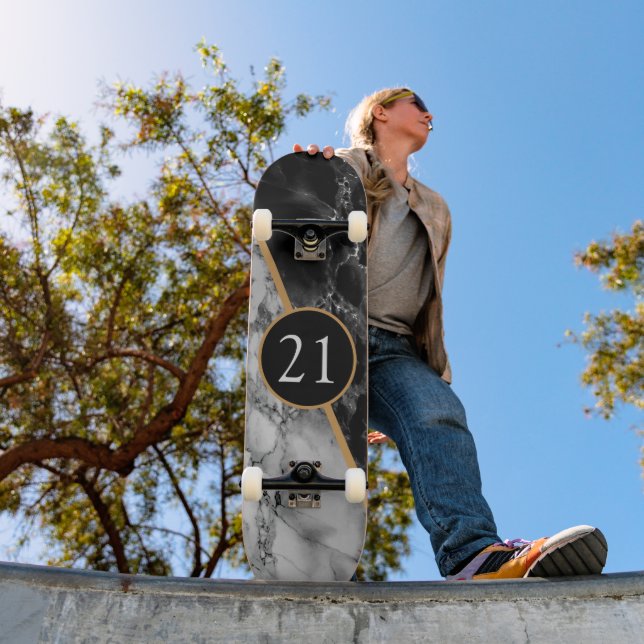 Birthday Gift Skateboard Black White Check Marble (Outdoor 1)