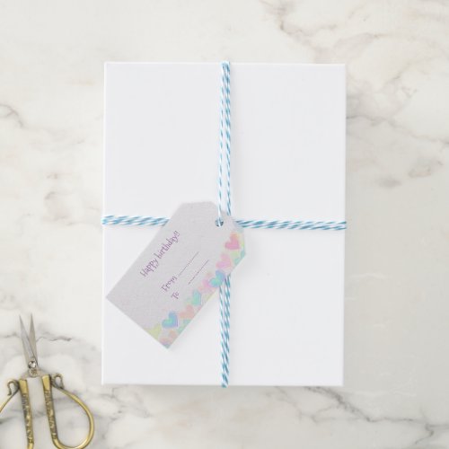 Birthday gift tag with pastel coloured hearts cu gift tags