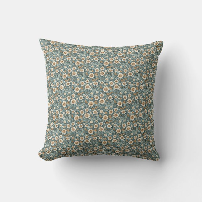 Birthday Gift | Teal and Beige Floral Pattern Throw Pillow (Front)