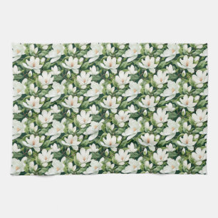 Birthday Gift White Magnolia Flowers Seamless Kitchen Towel