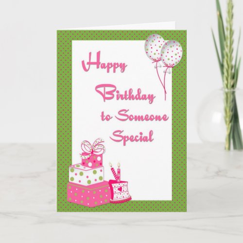 Birthday Gifts with Balloons Pink and Green Dots Card
