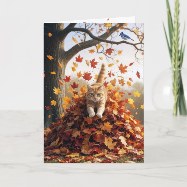 Birthday Ginger Cat In an Autumn Leaf Pile Card (Front)