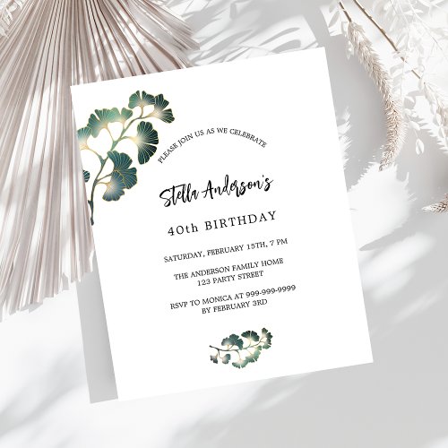 Birthday ginkgo greenery white script invitation