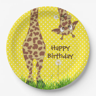 Birthday Giraffe On Polka Dots With Daisy Paper Plates