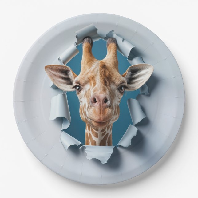 Birthday Giraffe Peeking Through a Paper Hole Paper Plates (Front)