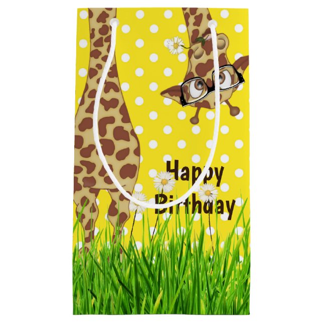 Birthday Giraffe with Glasses on Polka Dots  Small Gift Bag (Front)
