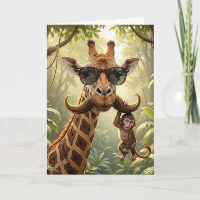 Birthday Giraffe With Mustache and Monkey Card (Front)