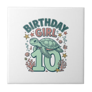 Birthday Girl 10 Sea Turtle Vintage Engraving Desi Ceramic Tile