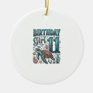Birthday Girl 11 Sea Turtle Vintage Engraving Desi Ceramic Ornament