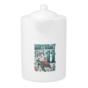 Birthday Girl 11 Sea Turtle Vintage Engraving Desi Teapot