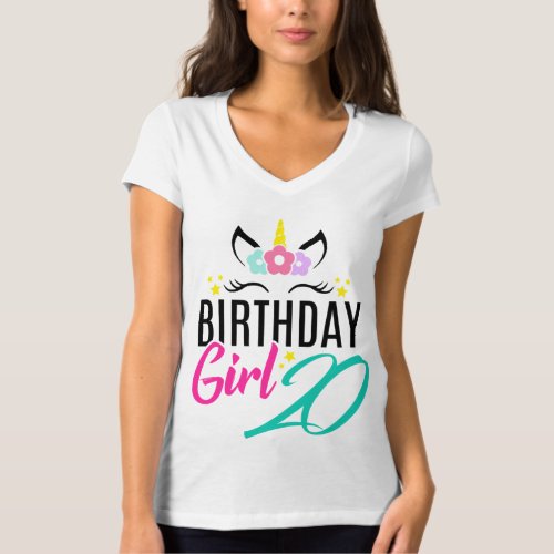 Birthday Girl 20 Year Old Gift Cute Unicorn Face 2 T_Shirt