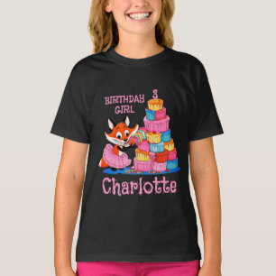Birthday Girl 3 Today Fox Eating Cake, Name T-Shirt