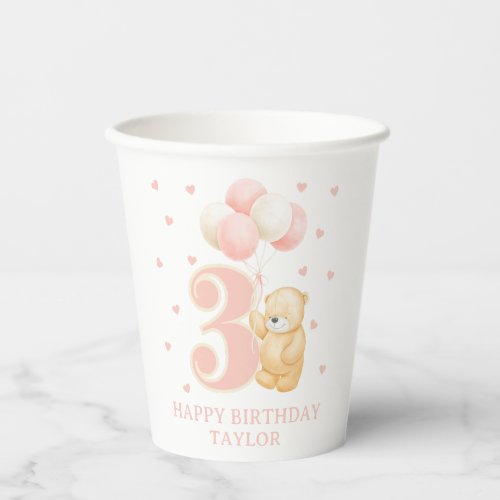 Birthday Girl 3 year Pink Cute Teddy Bear Custom Paper Cups