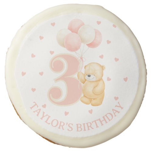  Birthday Girl 3 years Pastel Pink Bear balloons Sugar Cookie