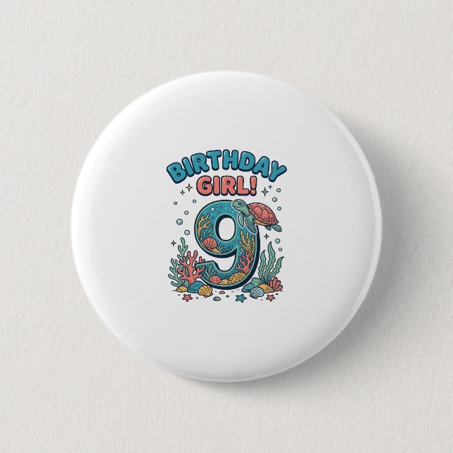 Birthday Girl 9 Ocean Turtle Vector Design_1 Button (Front)