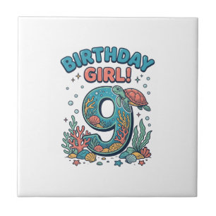 Birthday Girl 9 Ocean Turtle Vector Design_1 Ceramic Tile