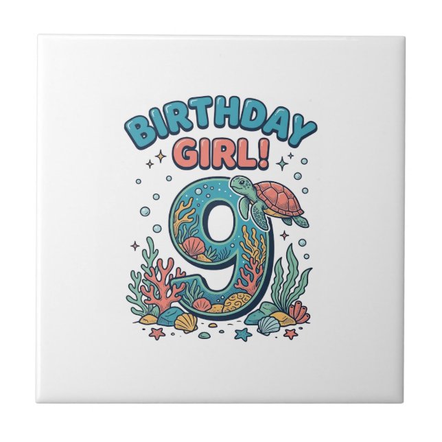 Birthday Girl 9 Ocean Turtle Vector Design_1 Ceramic Tile (Front)
