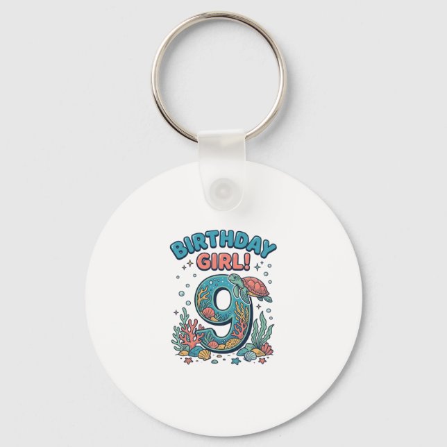 Birthday Girl 9 Ocean Turtle Vector Design_1 Keychain (Front)